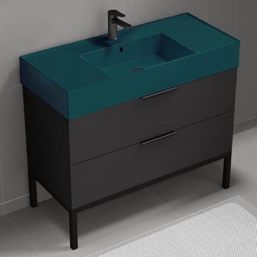 Modern Black Bathroom Vanity, 40 Inch, Green Ceramic Sink, Free Standing Nameeks DERIN317